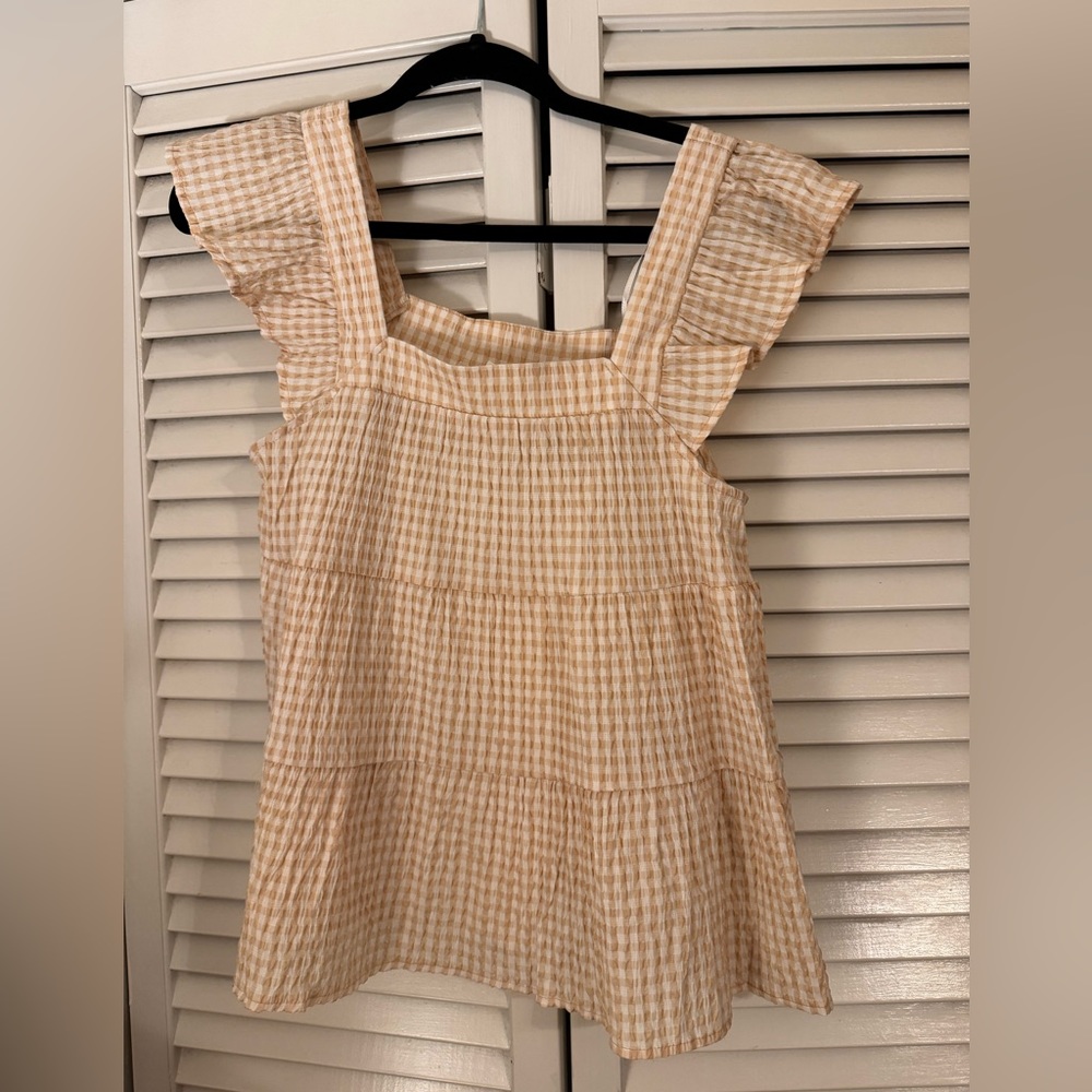 mine Beige Gingham Ruffled Strap Square-Neck Top
